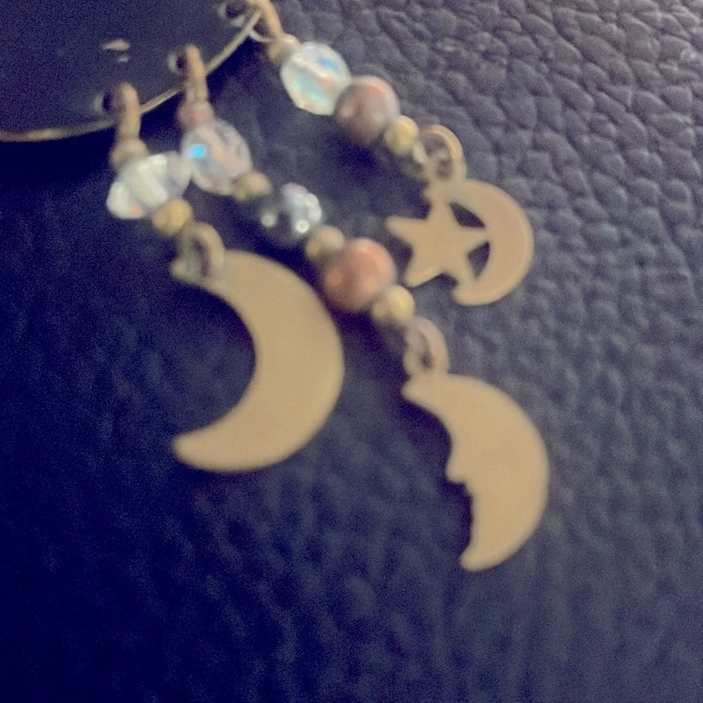 Vintage handmade stamped brass celestial style dangle drop earrings